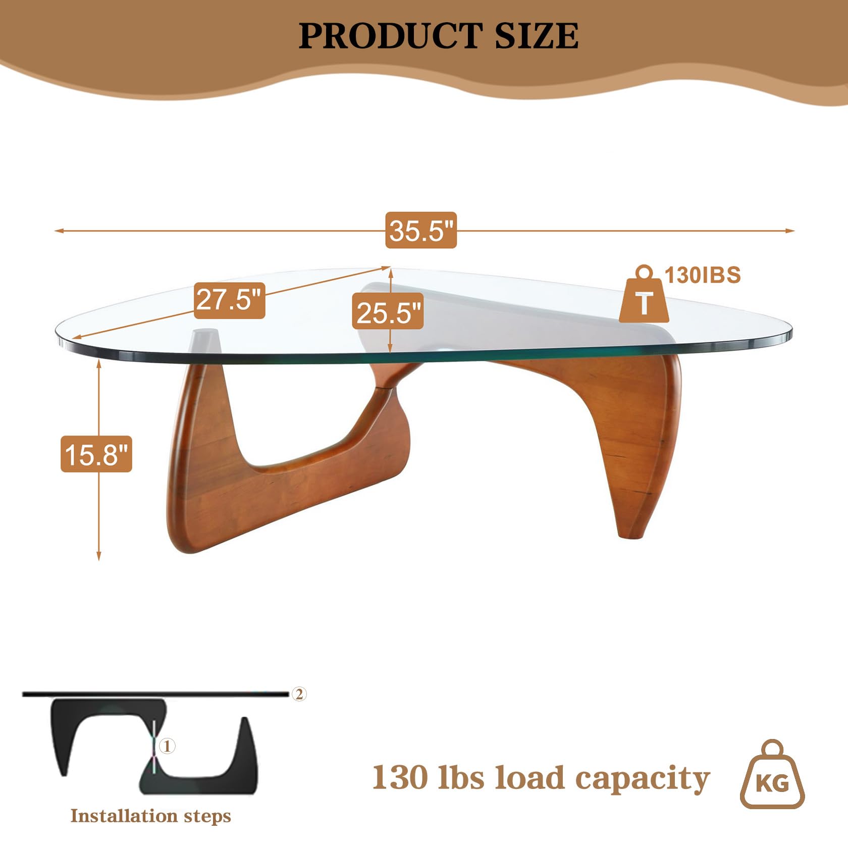 Modern Glass Coffee Table, 32.3″D×25.6″W×15.8″H-Abstract Unique Mid Century Triangle Center Table for Living Room, Minimalist Middle Tables for Home Office, Wooden Base