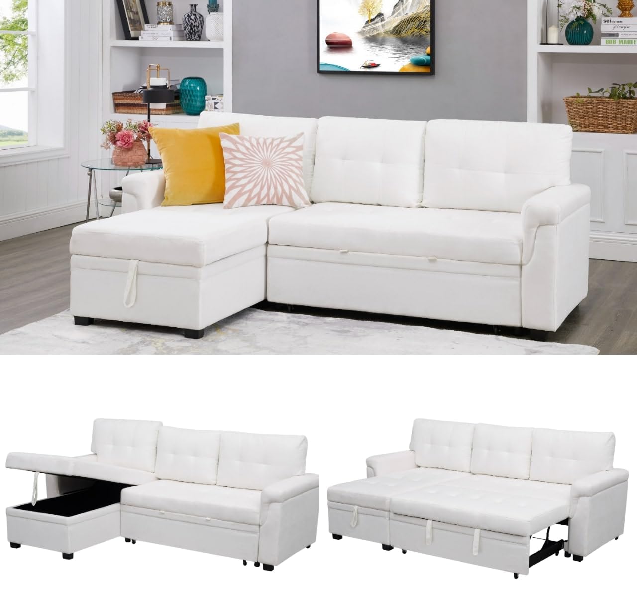 Naomi Home Transform Any Space: Sleeper Sectional Sofa with Convertible Sofa Bed & Inviting Chaise. Find Tranquil Comfort with Stress-Relieving Design & Durable Cushions - Black/Air Leather