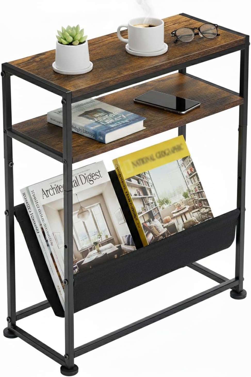 Narrow End Table for Small Spaces - Slim Side Table with Magazine Holder,2 in 1 Design Narrow Coffee Table Living Room,Skinny Bedroom Nightstand Thin Side Magazine Table,Rustic Brown
