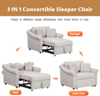 Merax Chenille Convertible Sleeper Chair with Pillow & Adjustable Backrest, Adult 3 in 1 Lounger Sofa Turns Into Chaise Lounge Recliner Single Bed for Living Room Balcony Bedroom Office, Beige