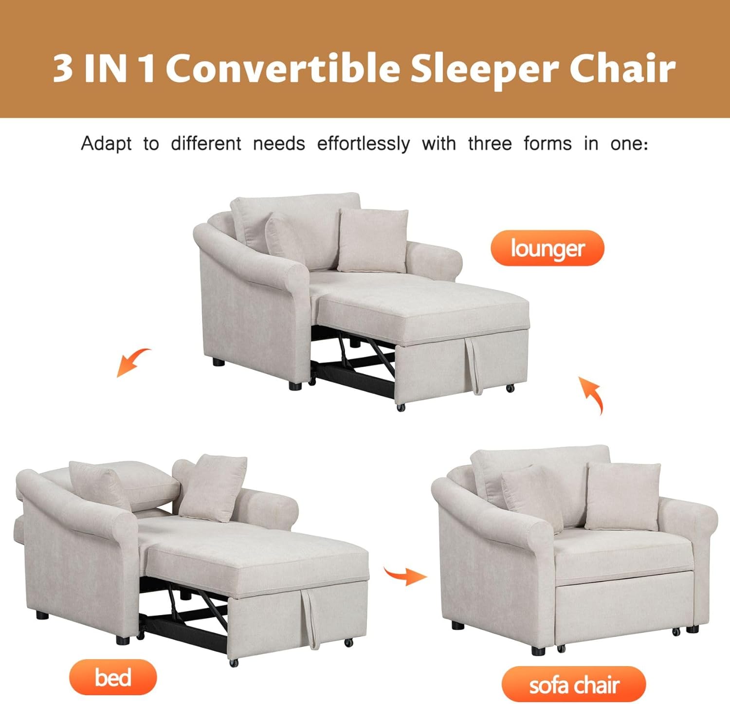 Merax Chenille Convertible Sleeper Chair with Pillow & Adjustable Backrest, Adult 3 in 1 Lounger Sofa Turns Into Chaise Lounge Recliner Single Bed for Living Room Balcony Bedroom Office, Beige