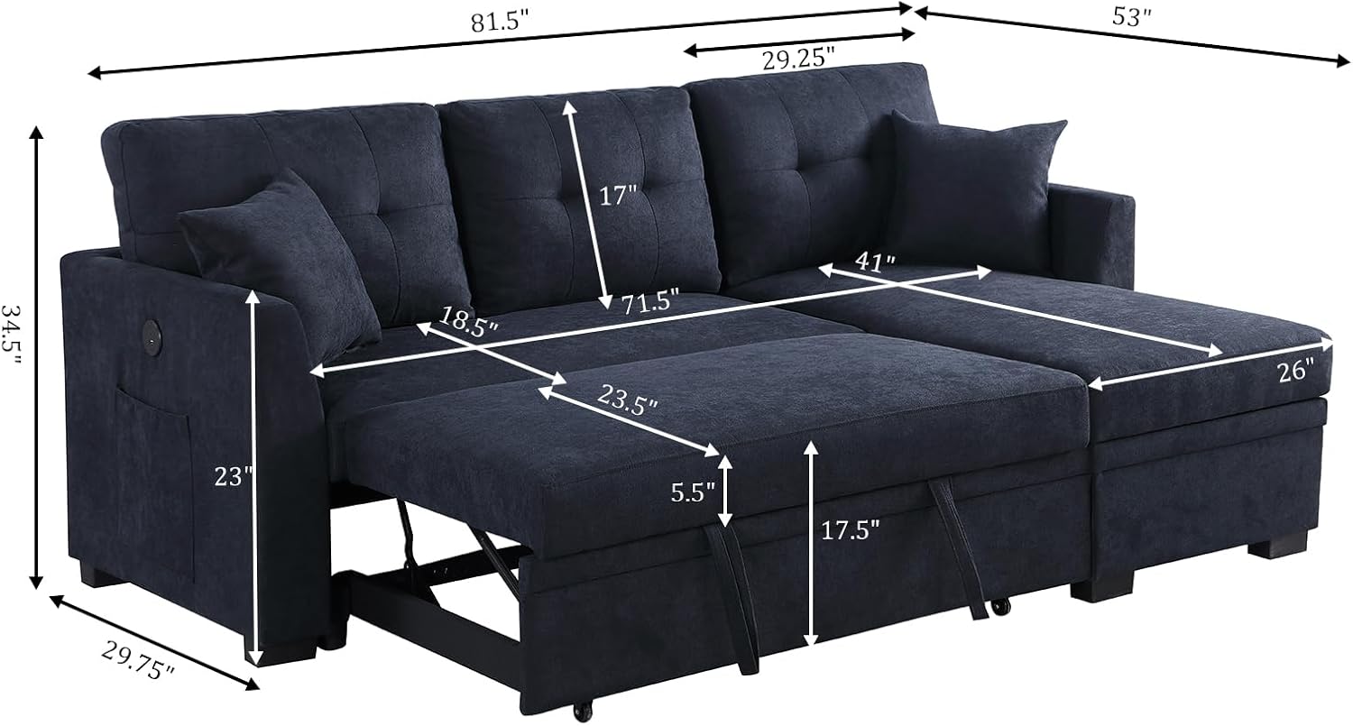L Shape Sofa with Storage, Pull Out Couch Bed with USB&Type-C Ports, Convertible Sleeper Sofa, Futon Chaise Lounge Recliner for Living Room, Apartment, Bedroom, Office, Ink Blue