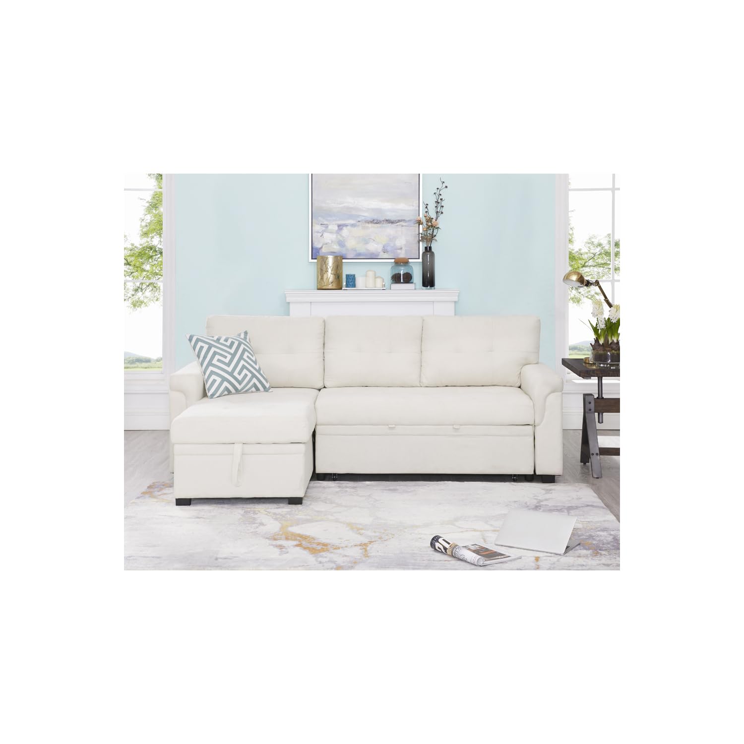 Naomi Home Transform Any Space: Sleeper Sectional Sofa with Convertible Sofa Bed & Inviting Chaise. Find Tranquil Comfort with Stress-Relieving Design & Durable Cushions - Black/Air Leather