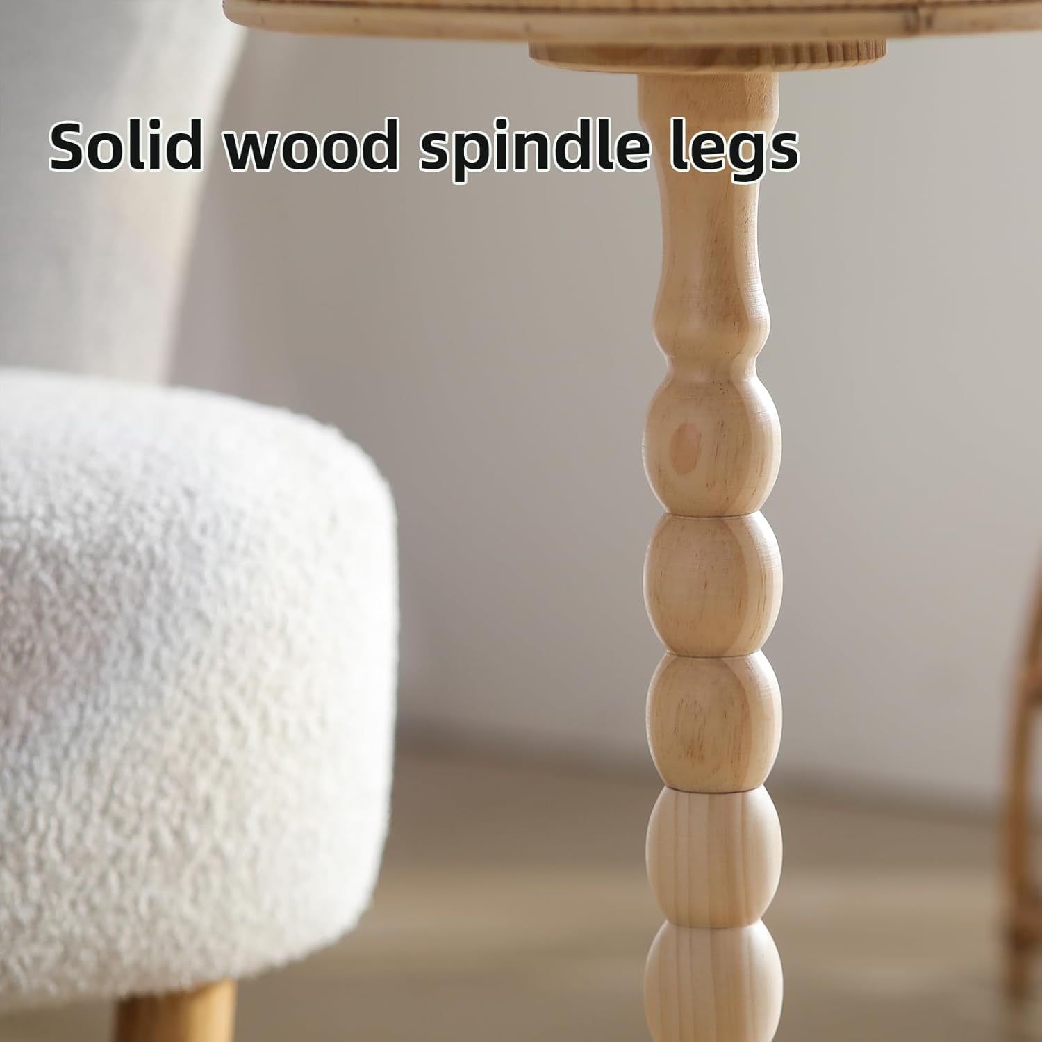 Rattan Small Side Table, Round Drink Table for Small Spaces, Boho Accent End Table with Solid Wood Leg for Living Room, Nightstand Table for Bedroom, Corners