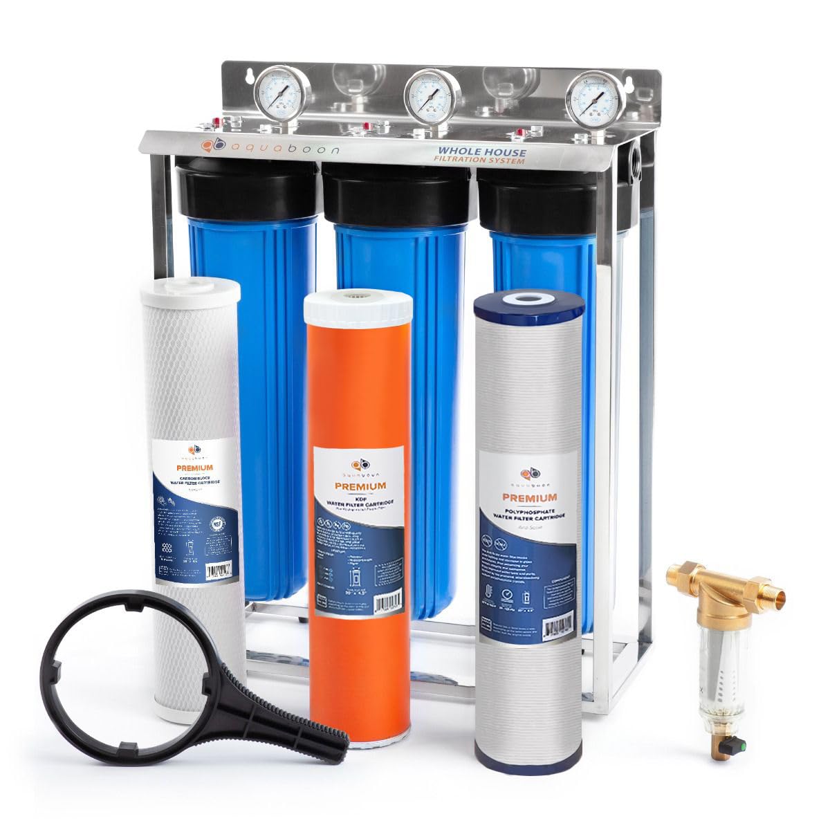 Aquaboon 3-Stage Whole House Water Filter System 20x4.5 inch with Prefilter & KDF, Sediment, Carbon Filters, Gauge & Release, Wrench, Freestanding Steel Frame
