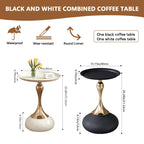 Modern Round Side Table with Gold Pedestal Base, Black Metal Top, Accent End Table for Living Room (White)