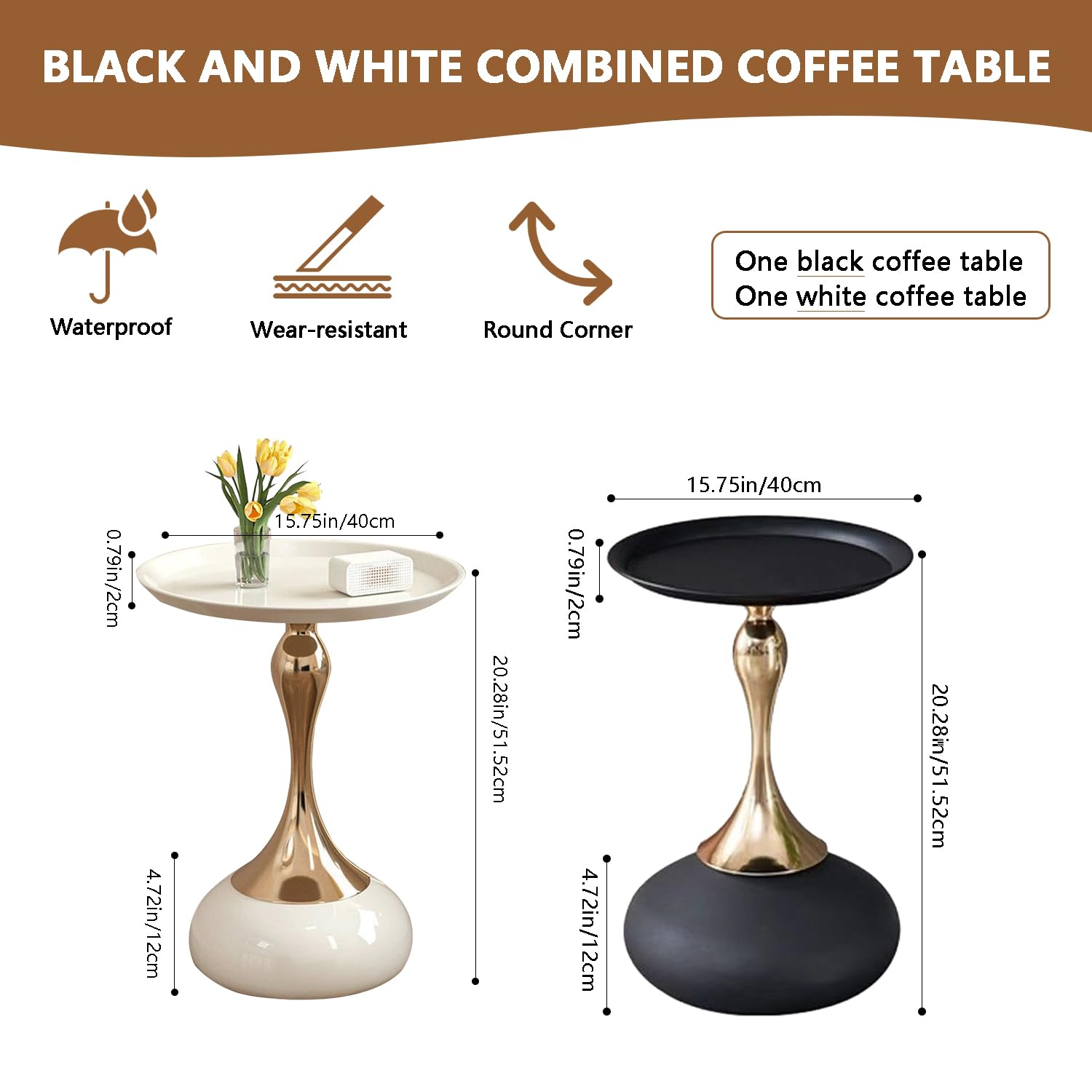 Modern Round Side Table with Gold Pedestal Base, Black Metal Top, Accent End Table for Living Room (White)