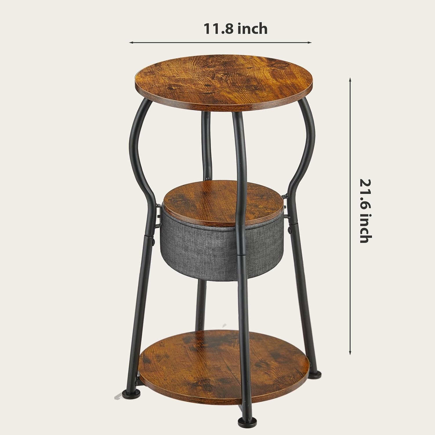 Small Round Side Table with Storage Bag, 3-Tier Accent Round End Table with Four Storage Functions for Living Room, 21.6" H Vintage Smalls Corner Table for Small Spaces Nightstand Bedroom