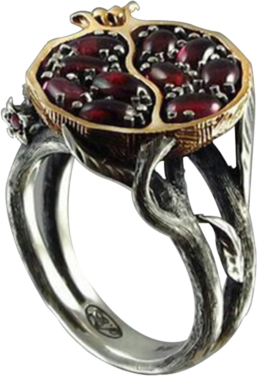 Garnet Ring, Tree Vine Black Gold Statement Ring Ruby Engagement Rings for Wife Girlfriend, Pomegranate Shaped Birthstone Ring Silver Ring Jewelry Gift for Women, Handmade Anniversary Ring