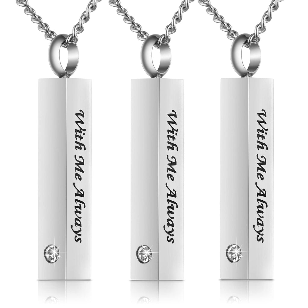 3 Pack Urn Necklace for Ashes Memorial Cremation Jewelry for Ashes, CZ Bar Urn Locket for Ashes Stainless Steel Urns Pendant Keepsake Jewelry with Words: With Me Always & Funnel Kit & Bag