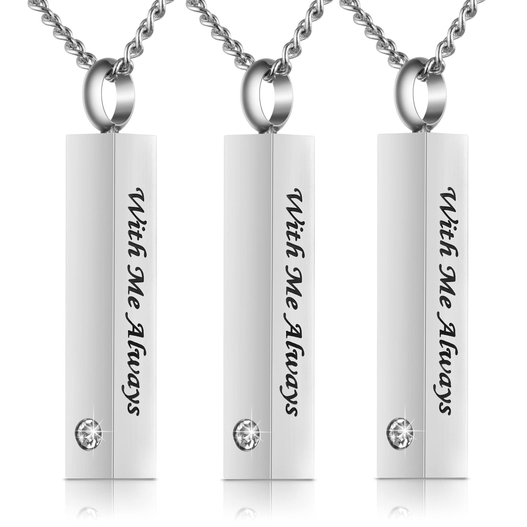 3 Pack Urn Necklace for Ashes Memorial Cremation Jewelry for Ashes, CZ Bar Urn Locket for Ashes Stainless Steel Urns Pendant Keepsake Jewelry with Words: With Me Always & Funnel Kit & Bag
