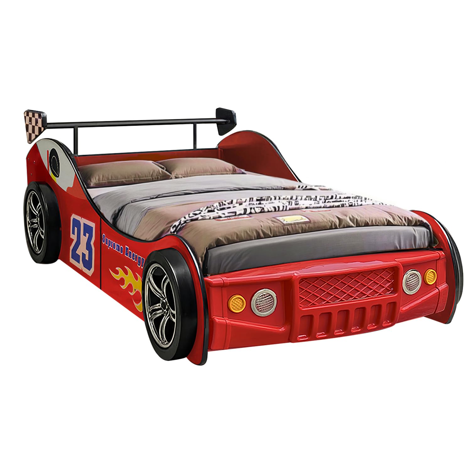Lit voiture taille double LKTART pour enfants, cadre de lit plateforme en bois en forme de voiture de course avec tête de lit, roues et lattes de support pour garçons, tout-petits, chambre d'enfant (rouge)