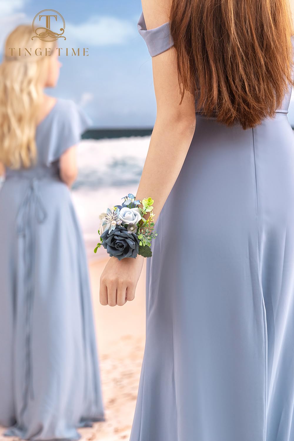 TINGE TIME Set of 2 Wrist Corsage Bracelets Pearl Wristlet Band Bridesmaid Bracelet for Wedding Ceremony Bridal Shower Wedding Artificial Flower Prom (Dusty Blue)