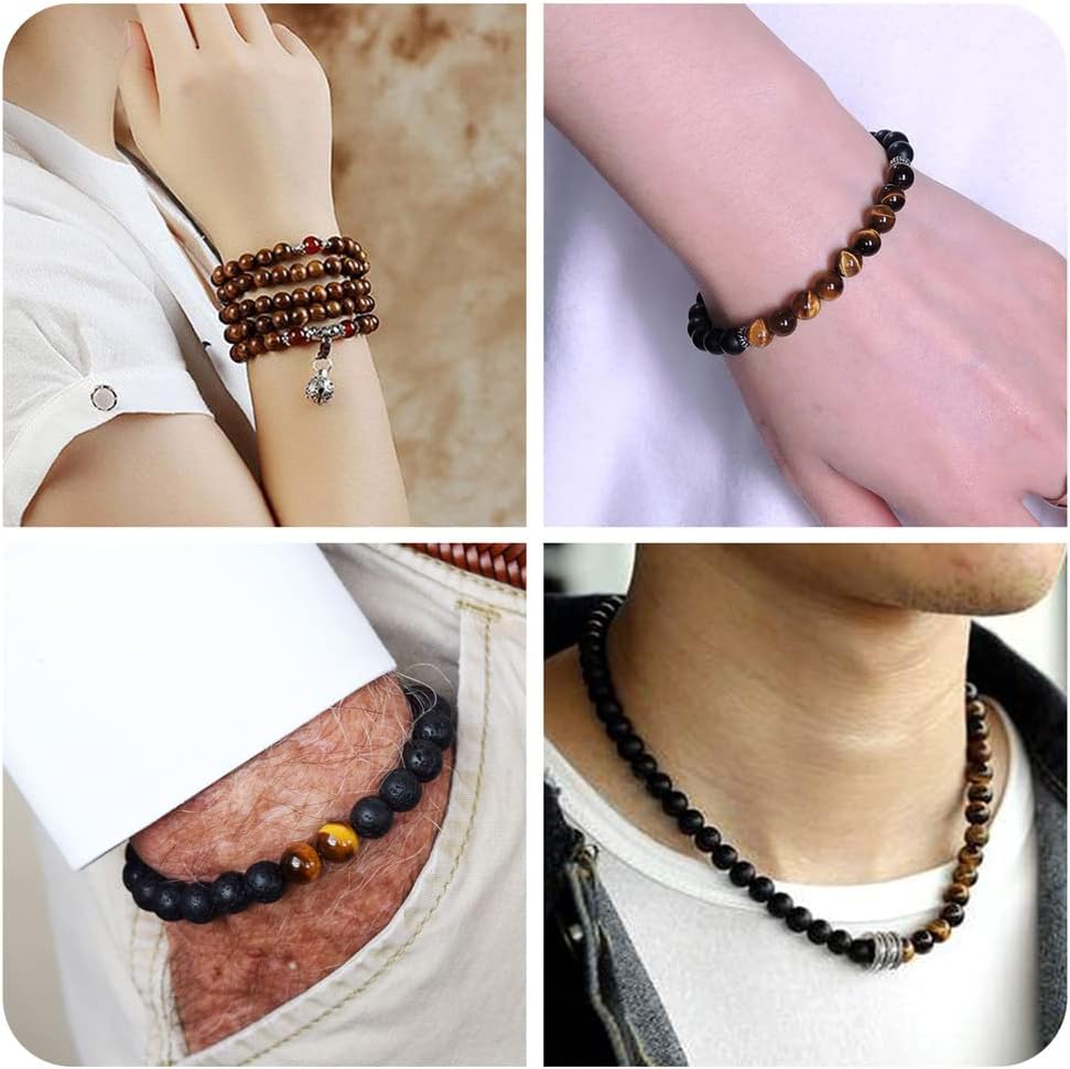 KISSITTY 300Pcs 6 Style Natural Wood Round Gemstone Beads Kit for Easter 8mm Lava Rock Beads & Grade AB Tiger Eye Wood Beads Natural Polished Wooden Ball Loose Beads for Men Bracelet Jewelry Making