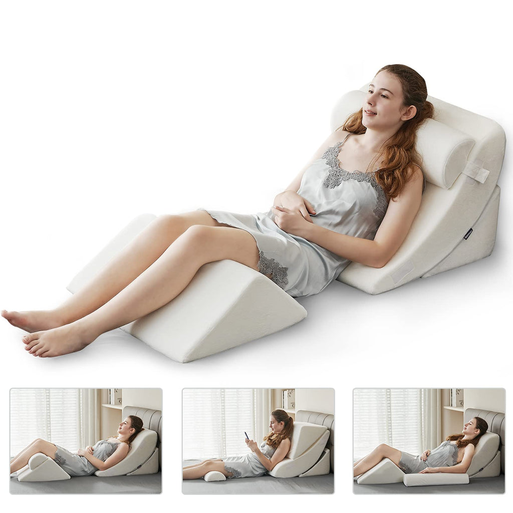 Ganaver 4-częściowy ortopedyczny klin do łóżka Zestaw poduszek Po operacji Relaksująca podpora pleców Regulowana poduszka pod głowę Trójkątna poduszka z pianki memory na refluks kwasowy, do spania, czytania, uniesienia nóg, chrapania