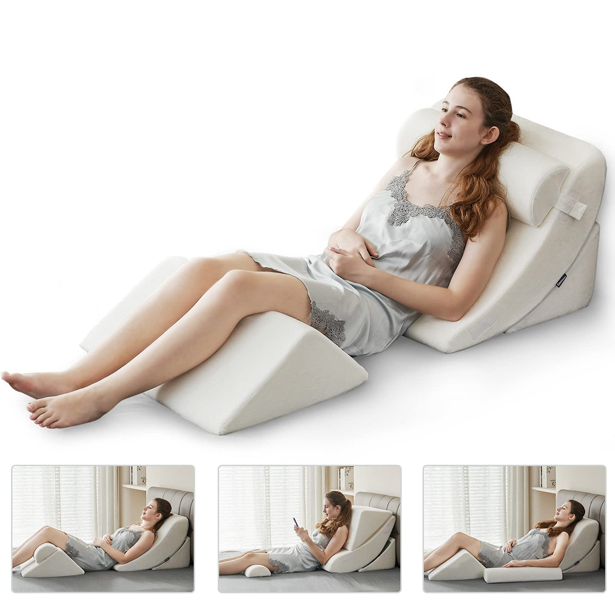 Ganaver 4-częściowy ortopedyczny klin do łóżka Zestaw poduszek Po operacji Relaksująca podpora pleców Regulowana poduszka pod głowę Trójkątna poduszka z pianki memory na refluks kwasowy, do spania, czytania, uniesienia nóg, chrapania