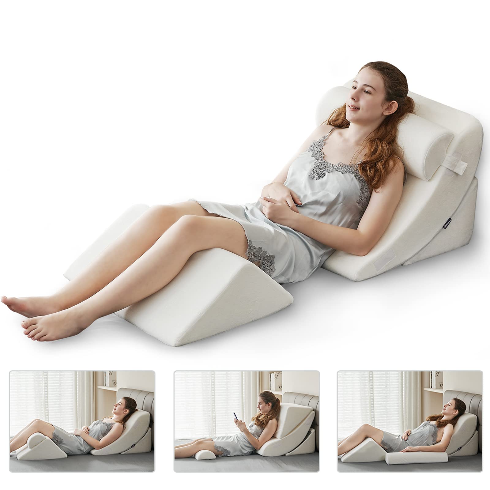 Ganaver 4-częściowy ortopedyczny klin do łóżka Zestaw poduszek Po operacji Relaksująca podpora pleców Regulowana poduszka pod głowę Trójkątna poduszka z pianki memory na refluks kwasowy, do spania, czytania, uniesienia nóg, chrapania