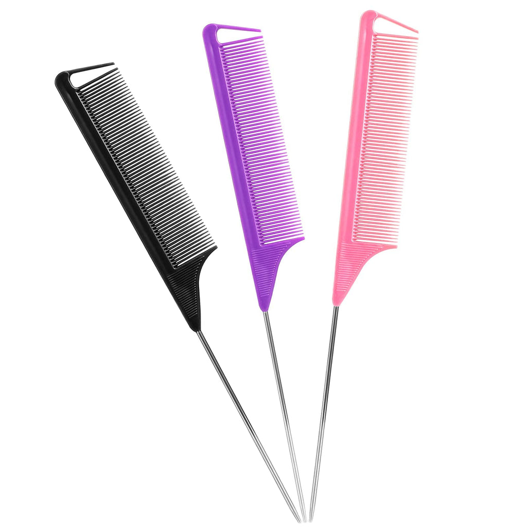 Ensemble de peignes à queue de rat : 3 pièces de peignes à pic en acier longs pour coiffeurs de salon, peignes métalliques pour raies pour femmes (violet, noir, rose)
