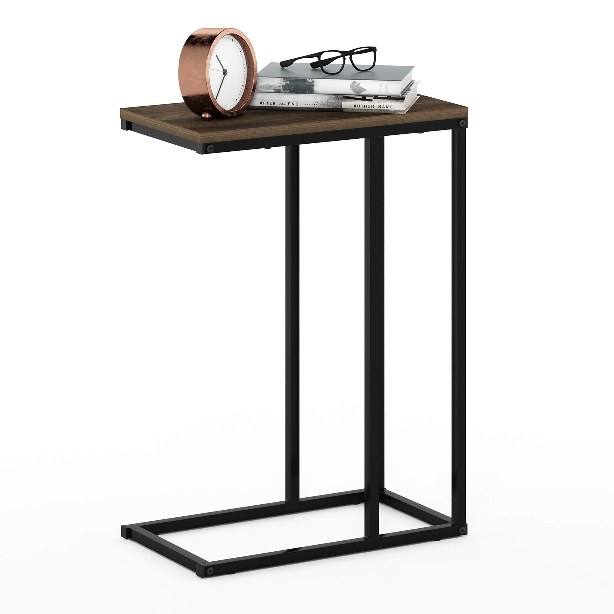 Furinno Turn-N-Tube C Shaped Side Table with Casters, Amber Pine/Black