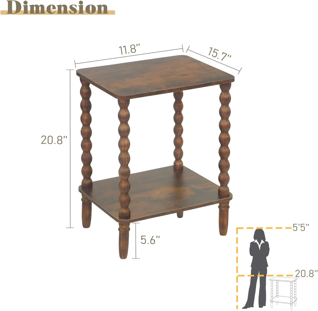 Side Table, Small End Table with Storage Shelf, 2-Tier Small Coffee Tables Living Room for Bedroom, Narrow Spaces (Rustic Brown)