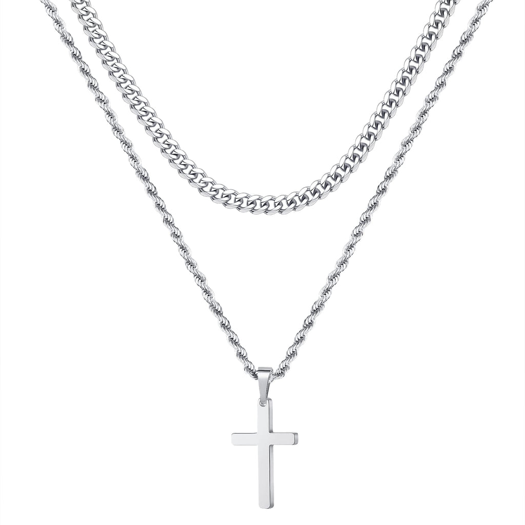 Ursteel Layered Cross Necklace for Men - 18K Gold Silver Black Cross Necklaces Chain for Men, Layered Rope Chain Cross Necklace for Men 16 18 20 22 24 Inch