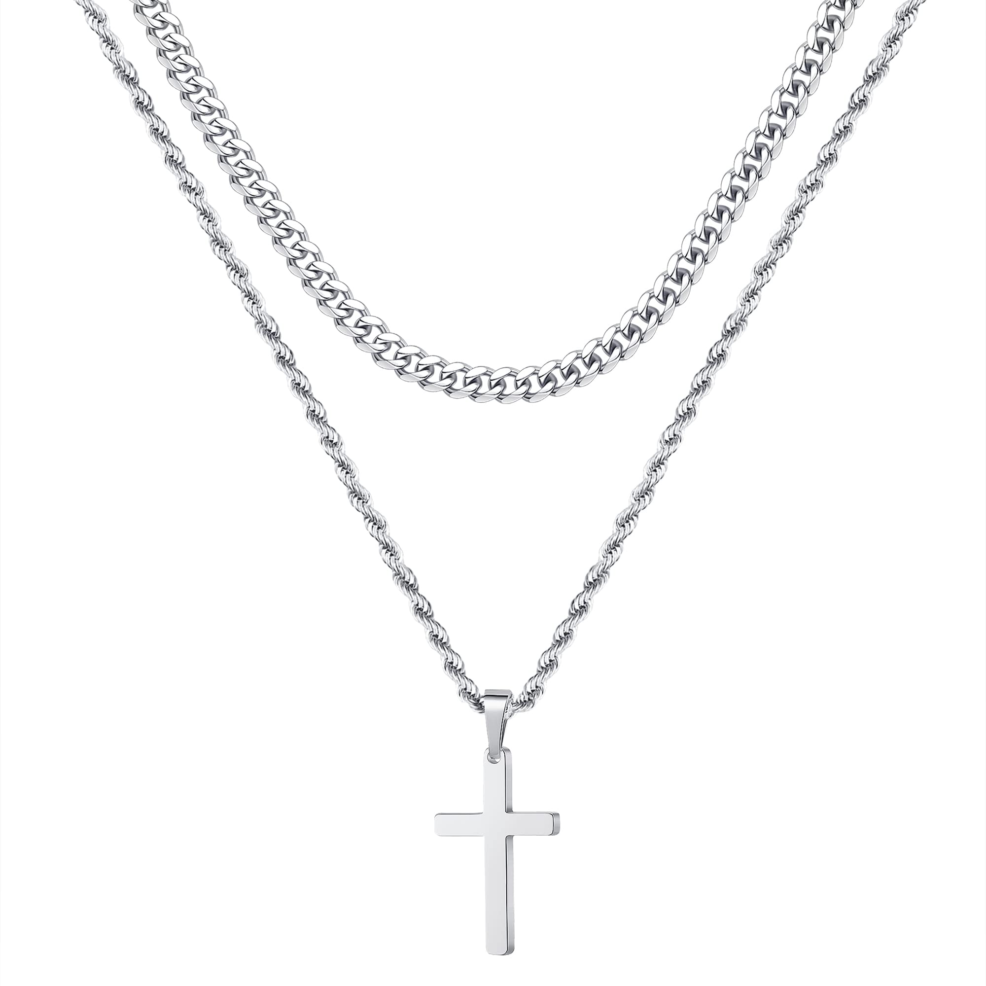 Ursteel Layered Cross Necklace for Men - 18K Gold Silver Black Cross Necklaces Chain for Men, Layered Rope Chain Cross Necklace for Men 16 18 20 22 24 Inch