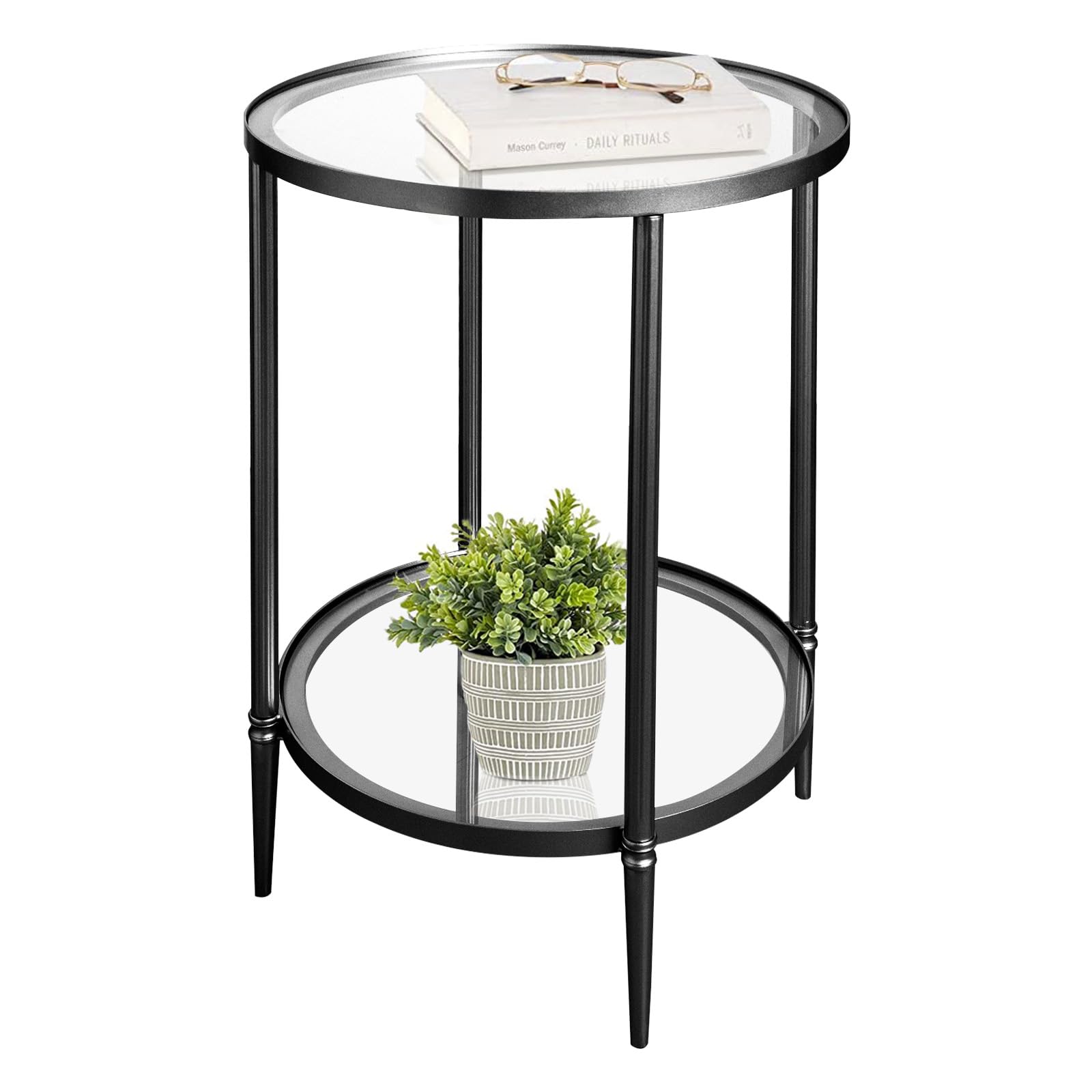 2 Tier Rectangular Side Table, Black End Table with Glass Top, Modern Metal Clear Coffee Tables，Small Accent Tables for Living Room, Bedroom, 22" x 12.4" x 24"