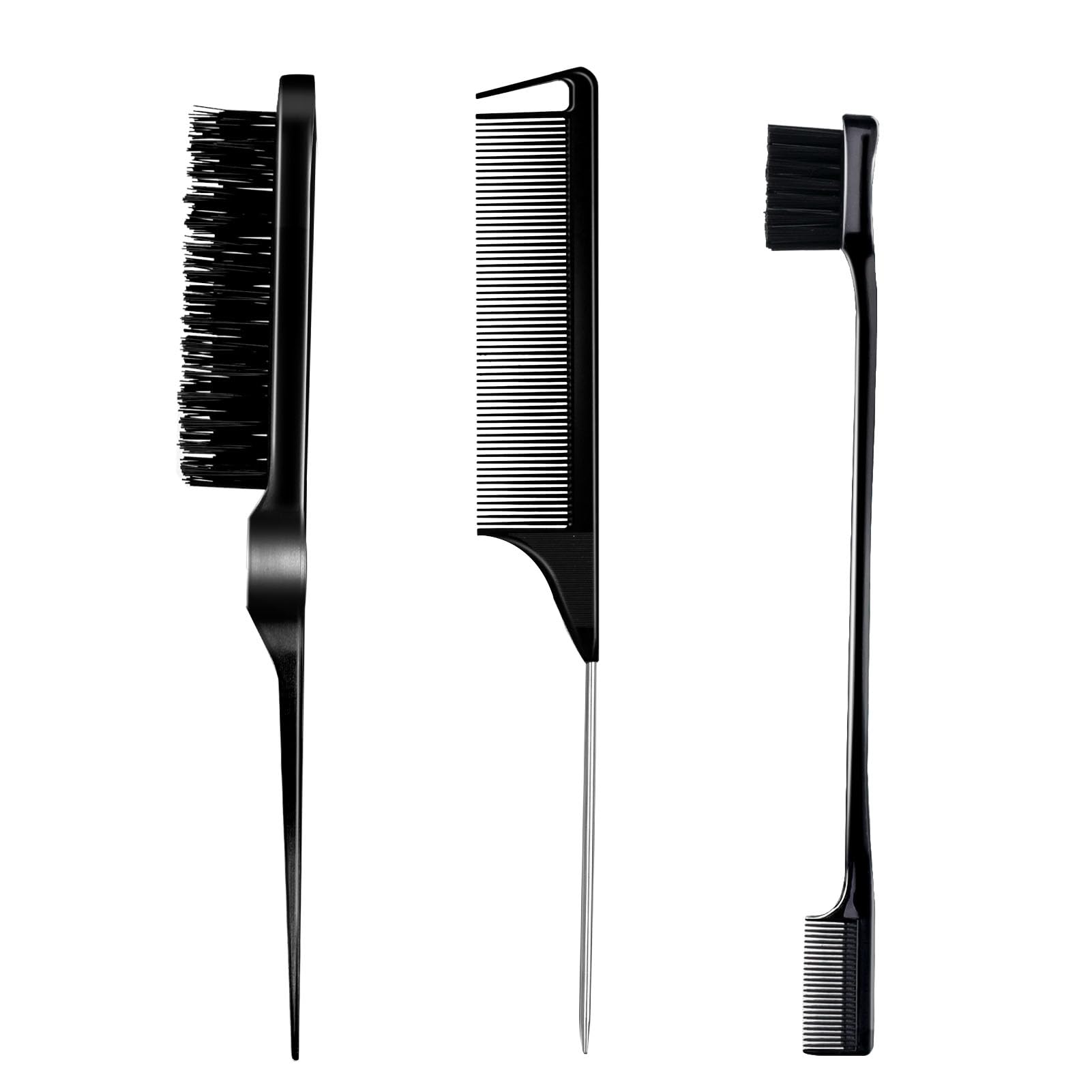 3 Pieces Comb Set for Teasing, Edge & Back Brushing - Rat Tail & Edge Combs for Styling Women's Hair (Black) - Grand Goldman