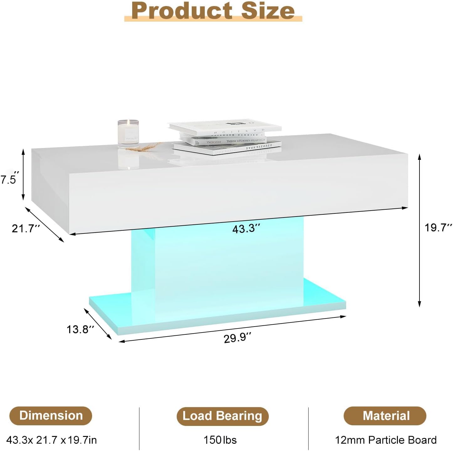 Led Coffee Table for Living Room, Living Room Table Rectangular Center Table, Modern High Glossy Wooden Coffee Tables with 16 Colors LED Lights for Dining Reception Room, White