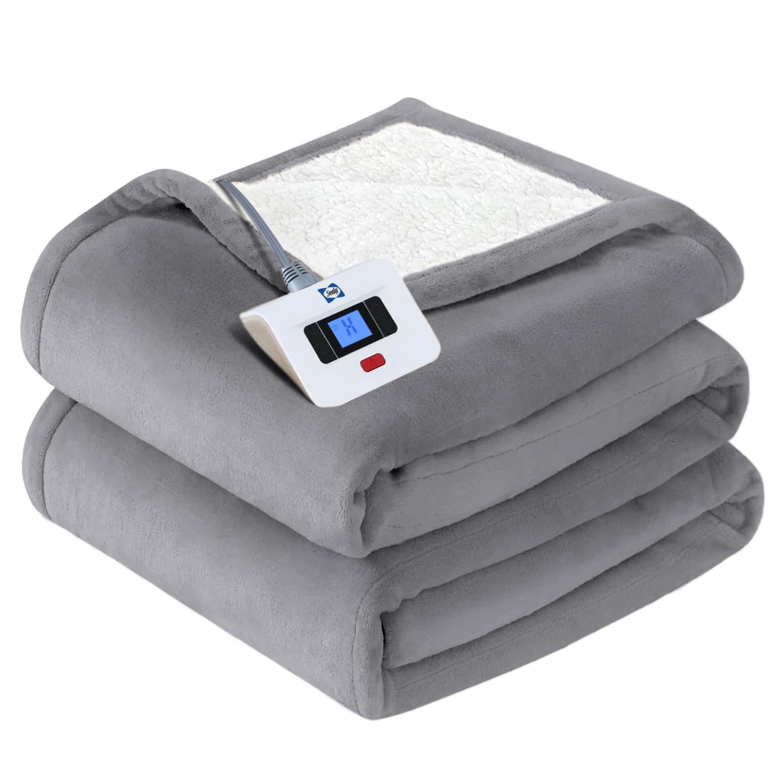 Sealy Electric Blanket Queen Size, Flannel & Sherpa Heated Blanket with 10 Heat Setting & 1-12 Hour Auto Shut Off, Fast Heating Blanket, Machine Washable, Beige, 84 x 90 Inch