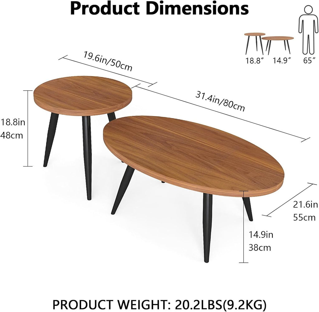 Coffee Table Set of 2, Accent Nesting Side Table, Sofa End Table for Farmhouse and Living Room (Brown)