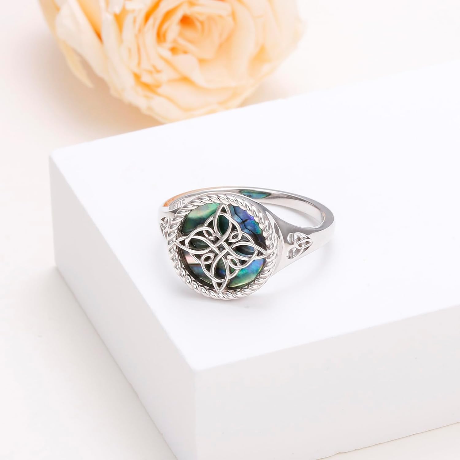 Witches Knot Ring for Women 925 Sterling Silver Abalone Shell Celtic Knot Rings Protection Irish Jewelry for Women