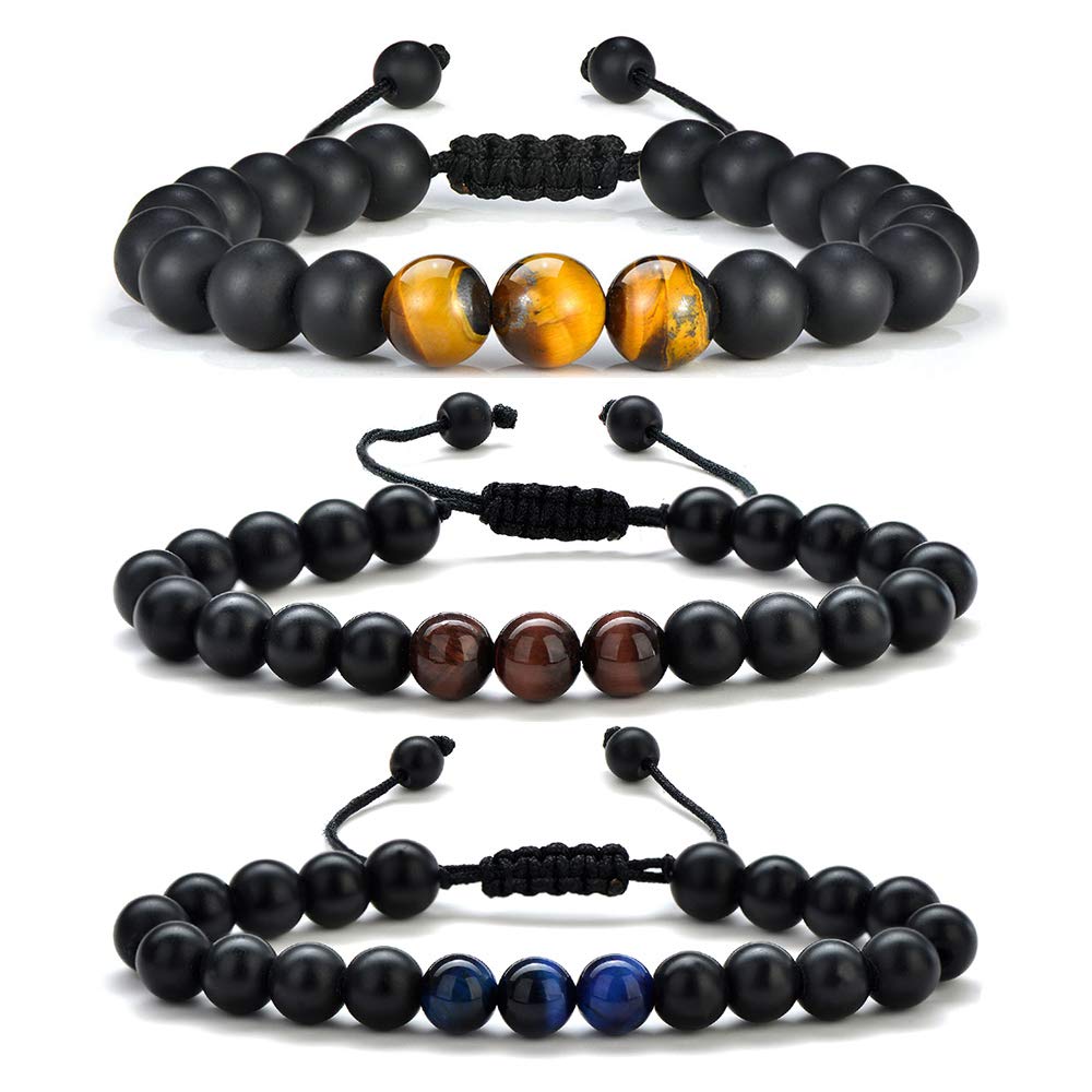 M MOOHAM Natural Stone Bracelets for Men - 8mm Tiger Eye, Matte Agate, Lava Rock - Teen Boys Gifts for Birthday, Anniversary, Christmas