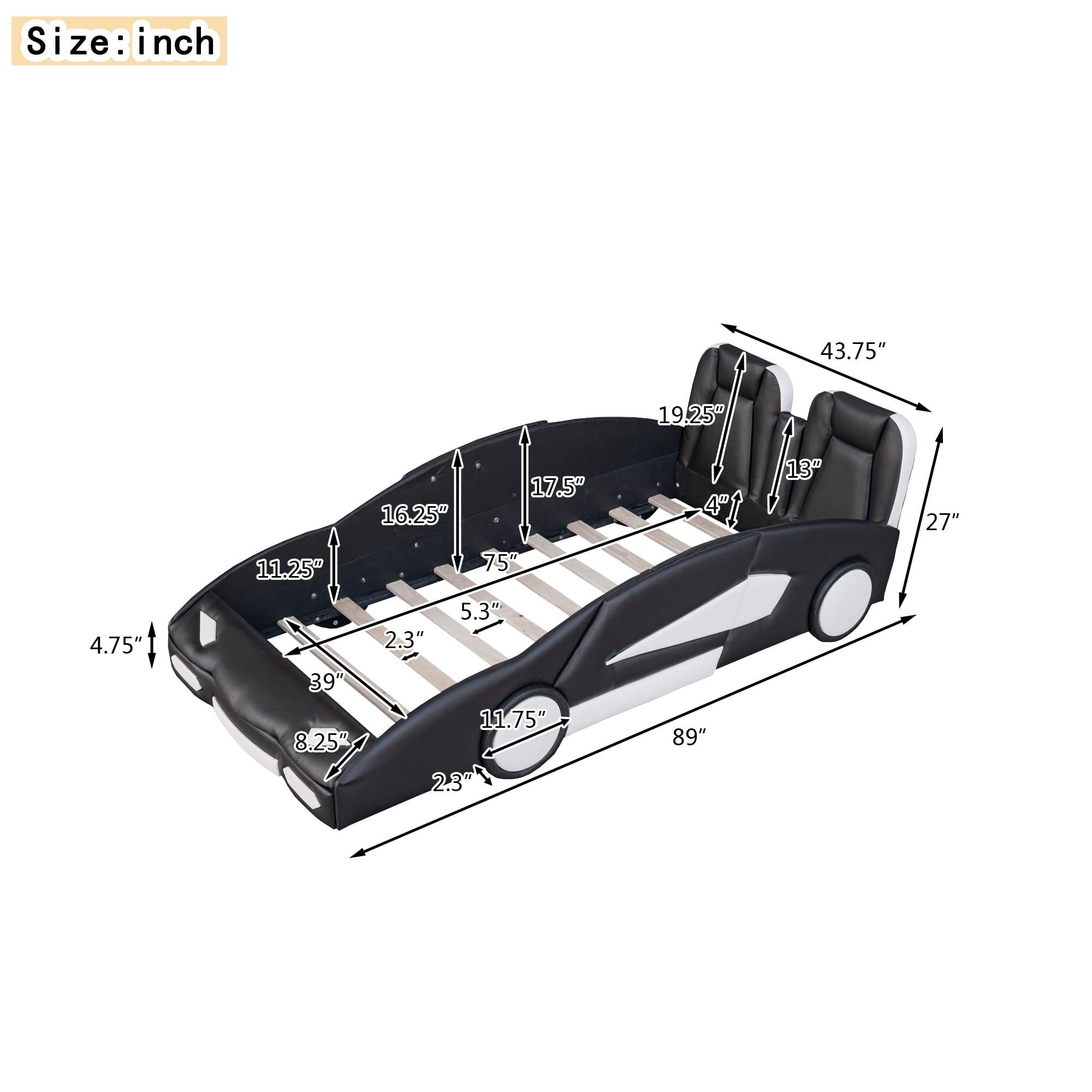 Roues de plateforme en forme de course Brisca taille double, cadre de lit voiture rembourré pour chambre, rails des deux côtés et support à lattes, pour enfants adolescents garçon fille, noir