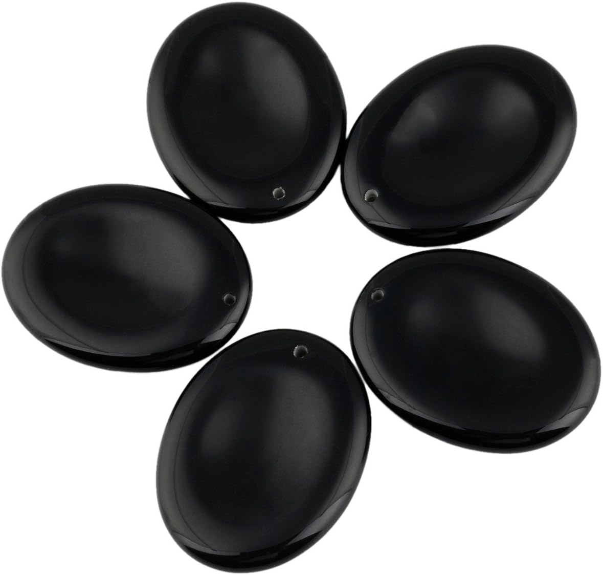 SUNYIK Top Drilled Oval Black Obsidian Tumbled Thumb Worry Stone Pendant Set for Jewelry Making Pack of 5, 1.7" x 1.3"