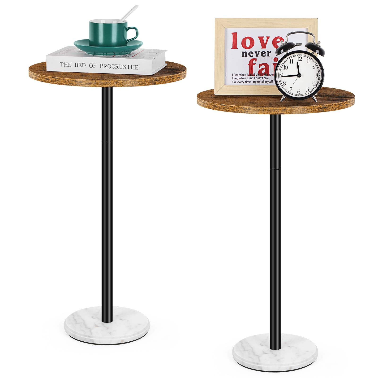Round Side Table Set of 2 Small Drink Pedestal Accent End Coffee Cocktail Table with Marble Base for Small Spaces Living Room Sofa Outdoor Brown and Black