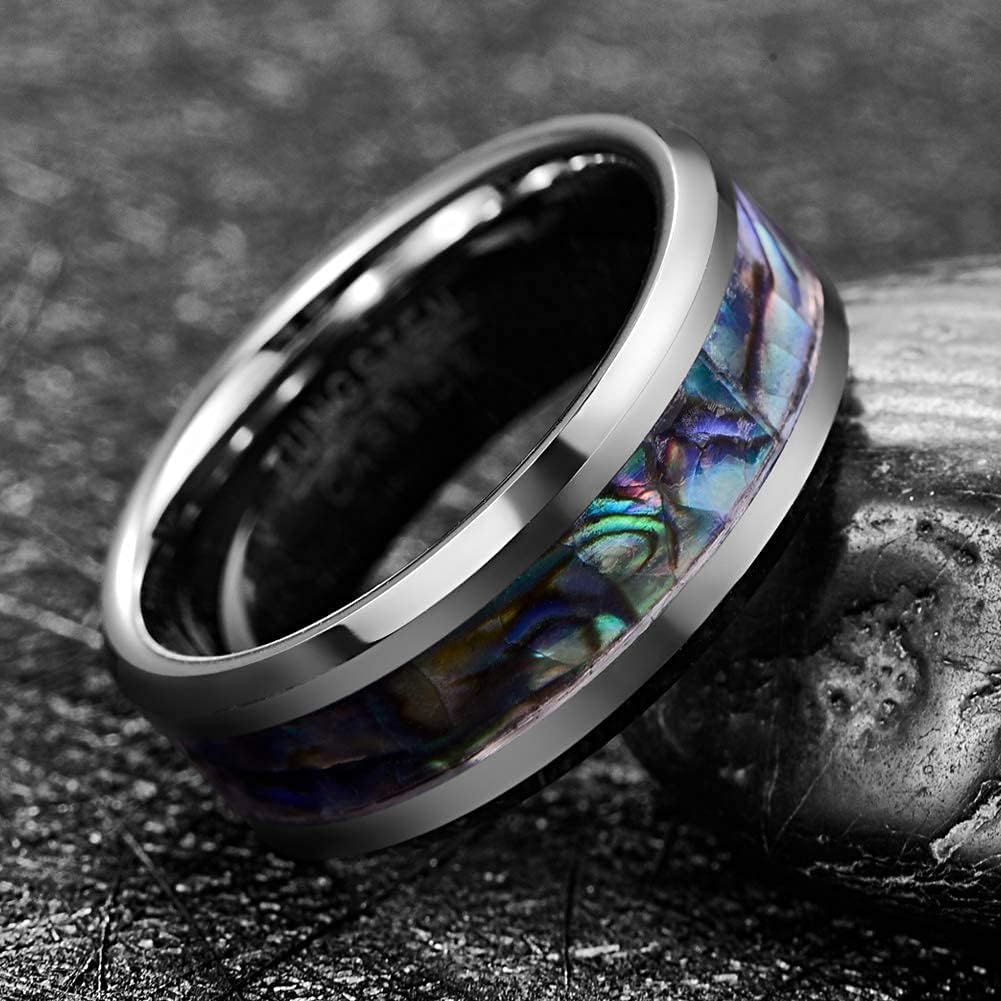 Vakki 8mm Tungsten Wedding Ring for Women Natural Abalone Shell/Mother of Pearl/Lapis Lazuli Inlay Promise Ring Beveled Edge Comfort Fit Size 6-14