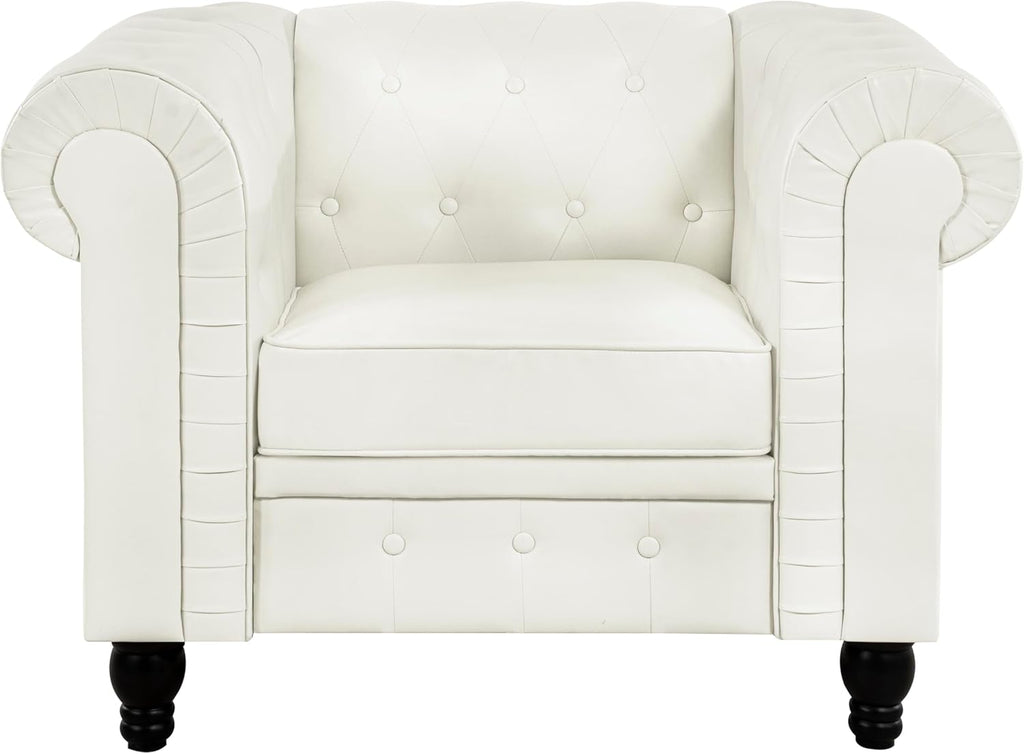 Emery Chesterfield 3 Piece Living Room Sectional Sofa Set Rolled Arms, Tufted Cushion Sofas for Living Room Set Includes Sofa, Loveseat Couch, Accent Arm Chair / Easy Tool-Free Assembly – Off White