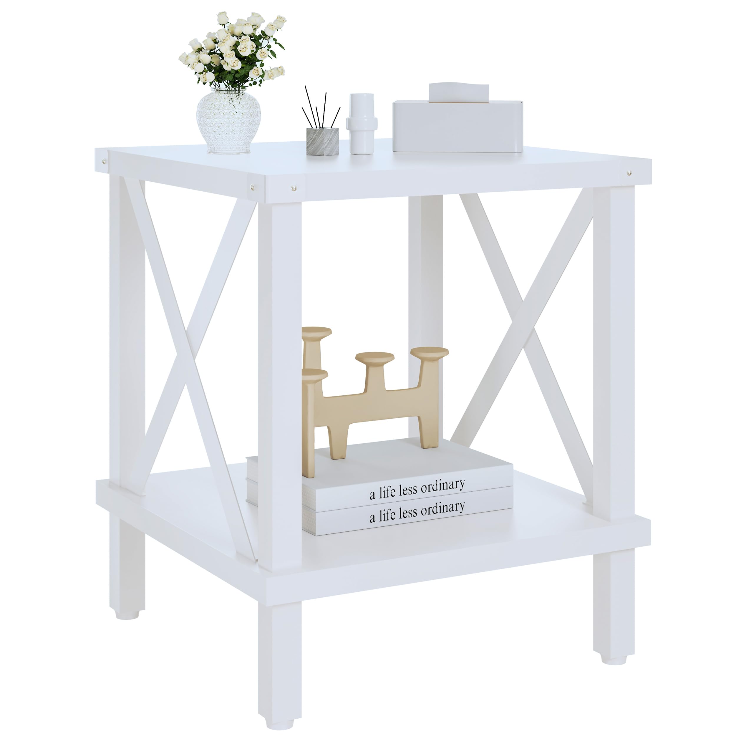 Large End Table Farmhouse Side Table Industrial Style Sofa Table Coffee Table Metal X Accent Wood End Table NightStand with Storage Shelf for Living Room Bedroom Black MLBZ16B