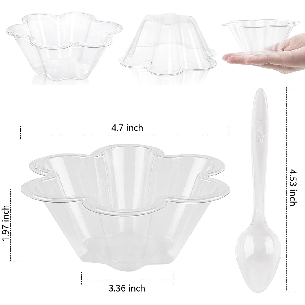 Legredic 50 Stück 8oz Plastik-Dessertbecher mit Löffeln, klare, blumenförmige Eisschalen, Party-Sundae-Servierschalen, Parfait-Vorspeisenbecher für Eis, Nüsse und Salat