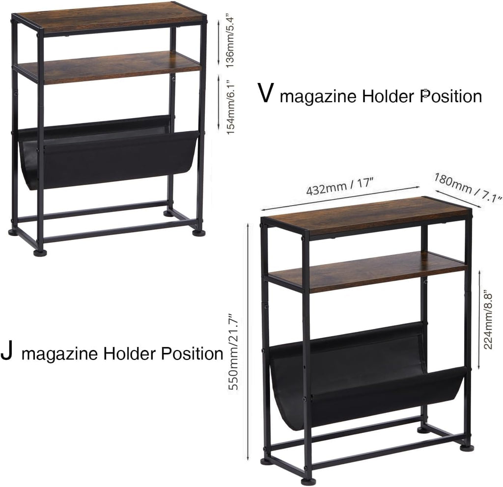 Narrow End Table for Small Spaces - Slim Side Table with Magazine Holder,2 in 1 Design Narrow Coffee Table Living Room,Skinny Bedroom Nightstand Thin Side Magazine Table,Rustic Brown