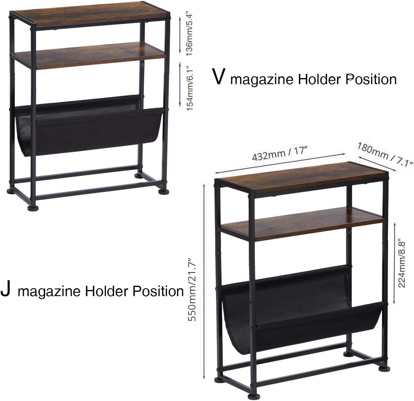 Narrow End Table for Small Spaces - Slim Side Table with Magazine Holder,2 in 1 Design Narrow Coffee Table Living Room,Skinny Bedroom Nightstand Thin Side Magazine Table,Rustic Brown