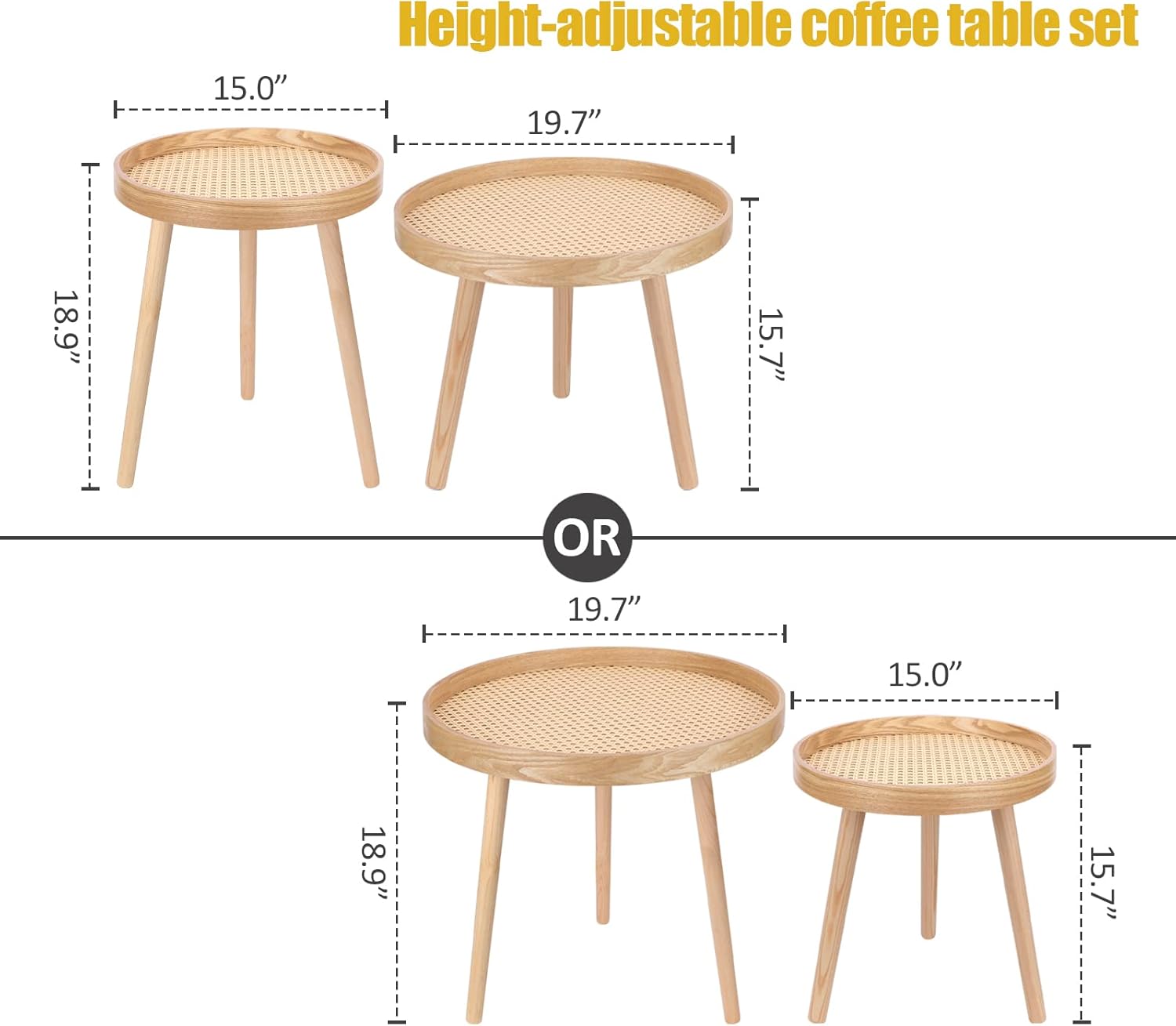 Round Coffee Table Set of 2, Natural Boho Side Table, Small Mid Century Modern Rattan End Tables for Living Room Bedroom Office