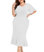 LALAGEN Plus Size Dress for Women Modest Short Sleeve Ruched Bodycon Mermaid Cocktail Midi Dresses White 3X-2