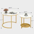 Nesting Coffee Table Set of 2,23.6" Modern Round Coffee Table with Gold Metal Frame,White Nesting Circle Patio Coffee Table Set of 2 for Living Room Garden Bedroom (White)
