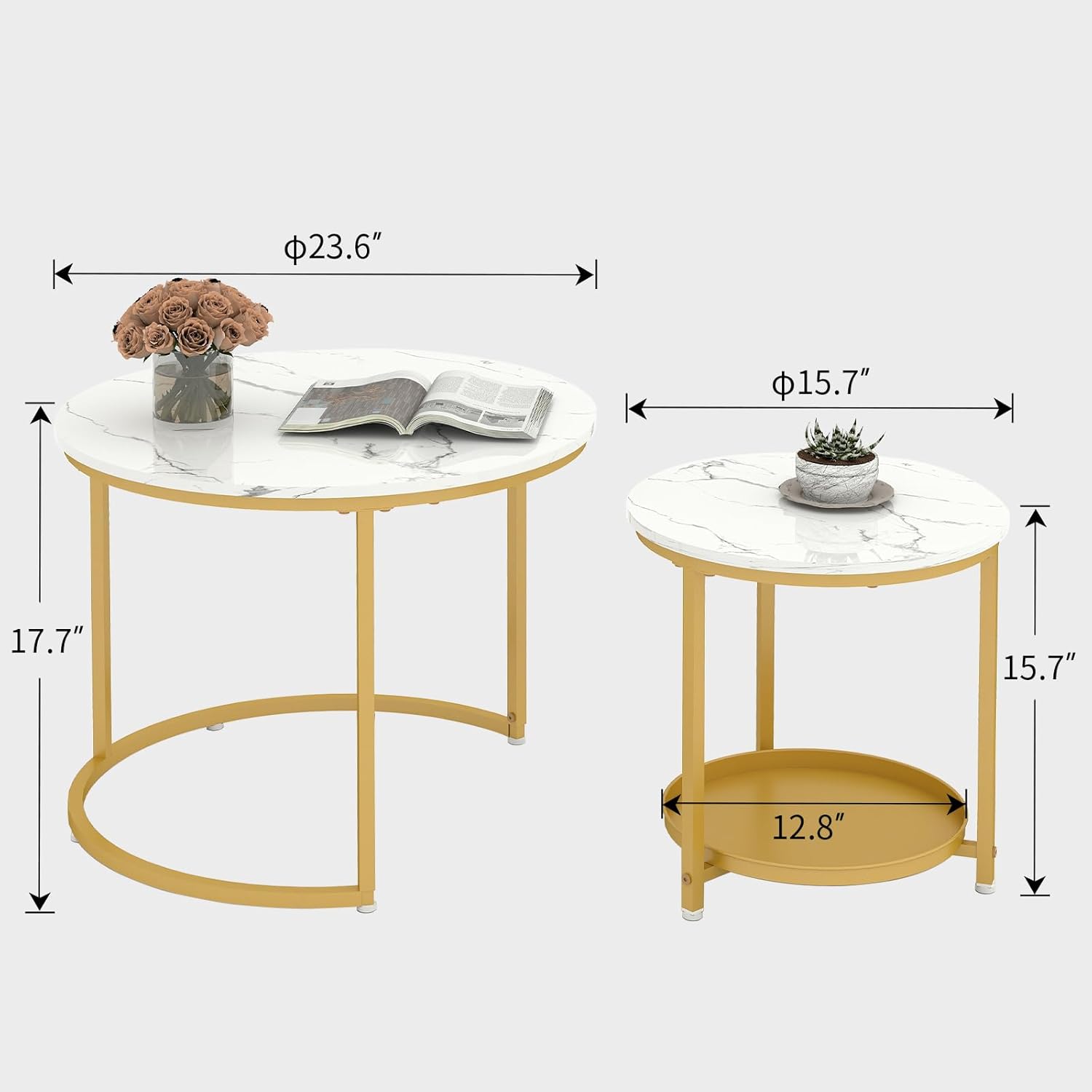 Nesting Coffee Table Set of 2,23.6" Modern Round Coffee Table with Gold Metal Frame,White Nesting Circle Patio Coffee Table Set of 2 for Living Room Garden Bedroom (White)