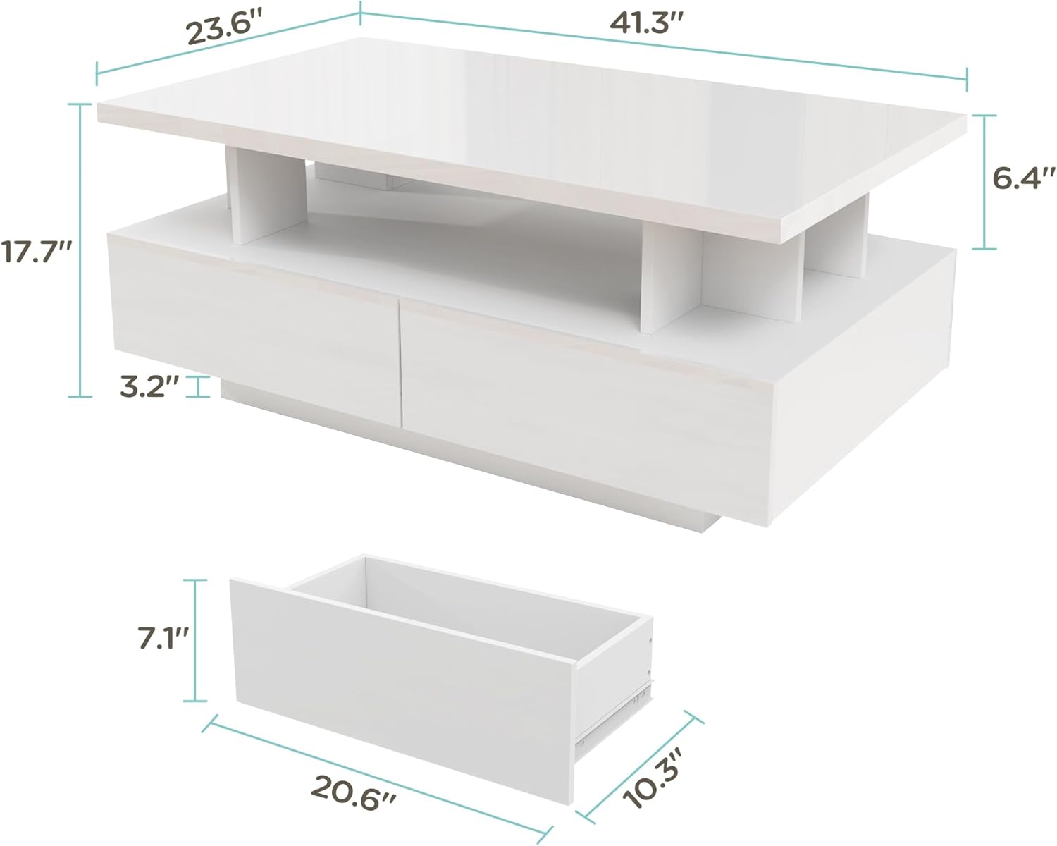 MHOM 41.3" LED Coffee Table, Modern White High Gloss Living Room Table with 4 Drawers, Stylish Center Table for Living Room, Office and Apartment, White