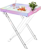 Acrylic Folding Tray Table, Rainbow Color Acrylic Coffee Table, Iridescent Side Table Modern Accent Square End Table for Coffee, Drink, Food, Snack for Living Room & Bedroom