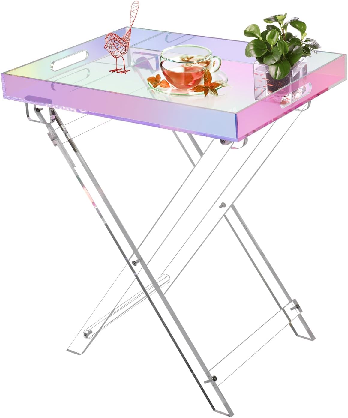 Acrylic Folding Tray Table, Rainbow Color Acrylic Coffee Table, Iridescent Side Table Modern Accent Square End Table for Coffee, Drink, Food, Snack for Living Room & Bedroom