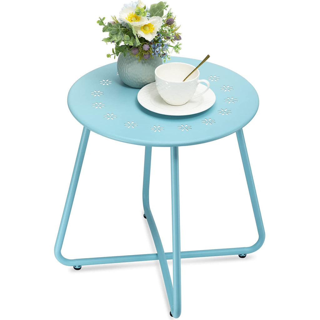 danpinera Outdoor Side Tables with Flower Cut Outs, Weather Resistant Steel Patio Side Table, Small Round Outdoor End Table Metal Side Table for Patio Yard Balcony Garden Navy Blue